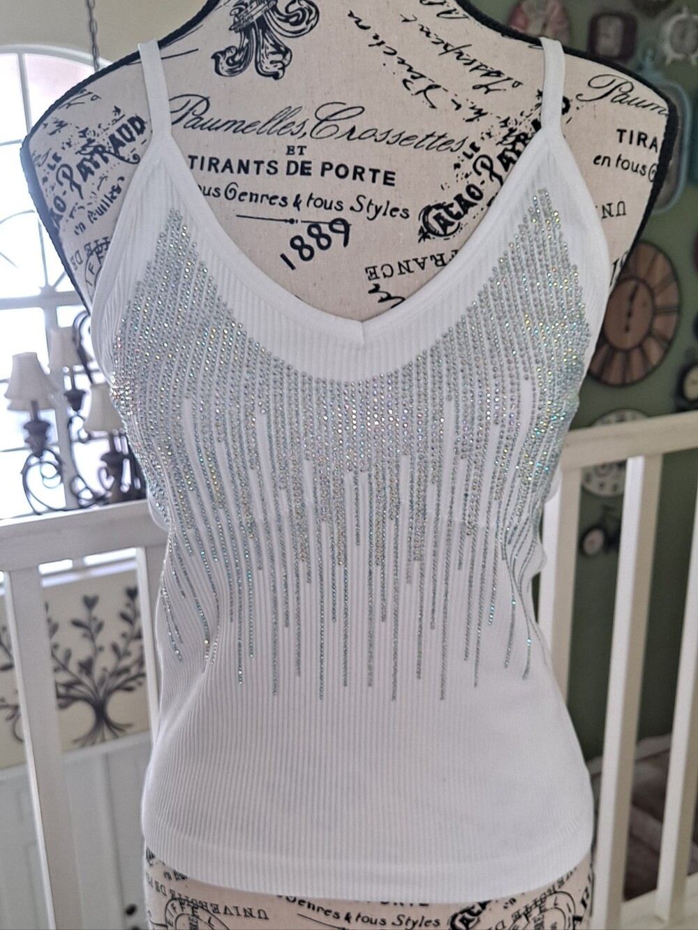 White Beaded V-Neck Camisole Tank with Sparkling Fringe Detail